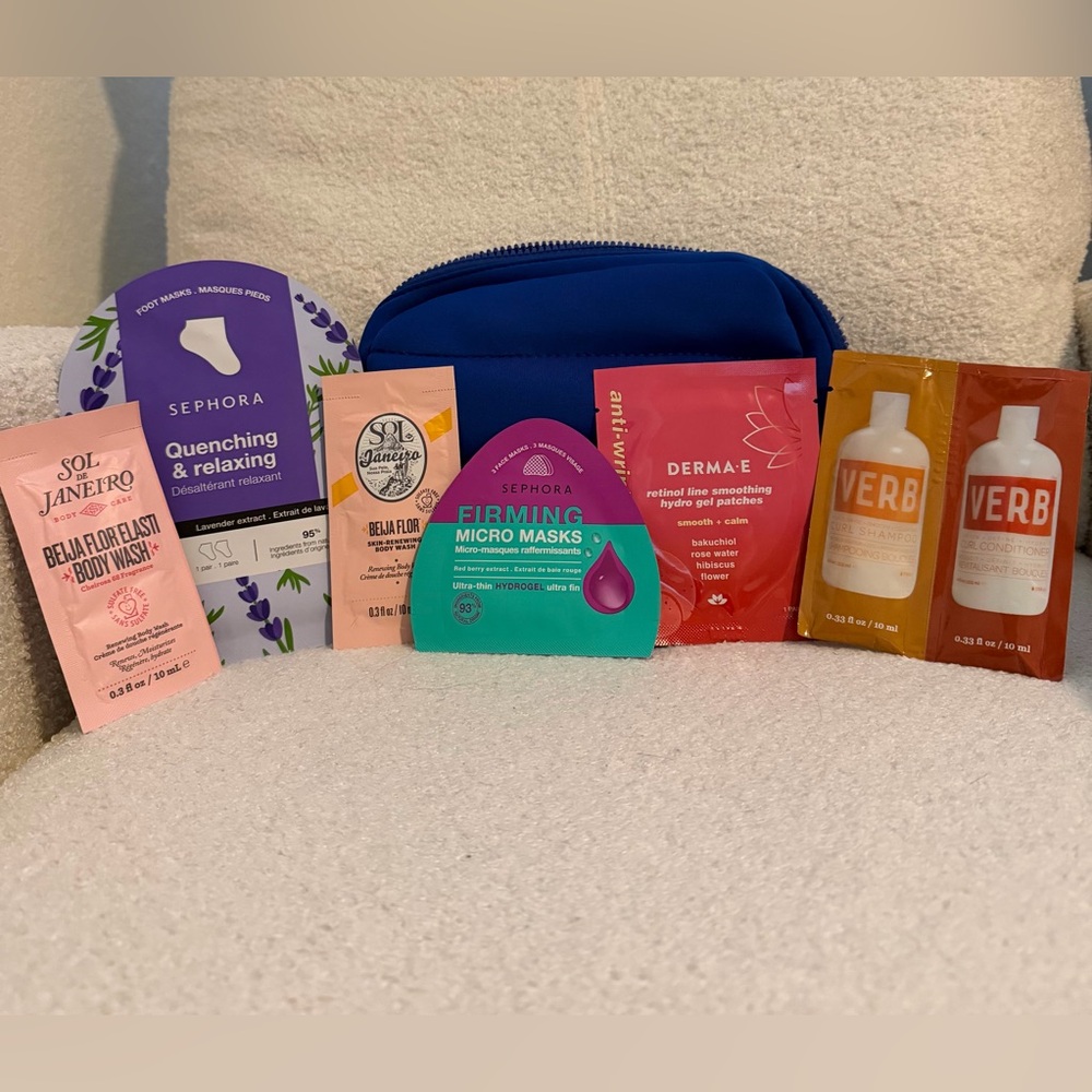 Blue Cosmetic Bag w/ Sephora Face & Foot Masks + Beauty Samples Bundle